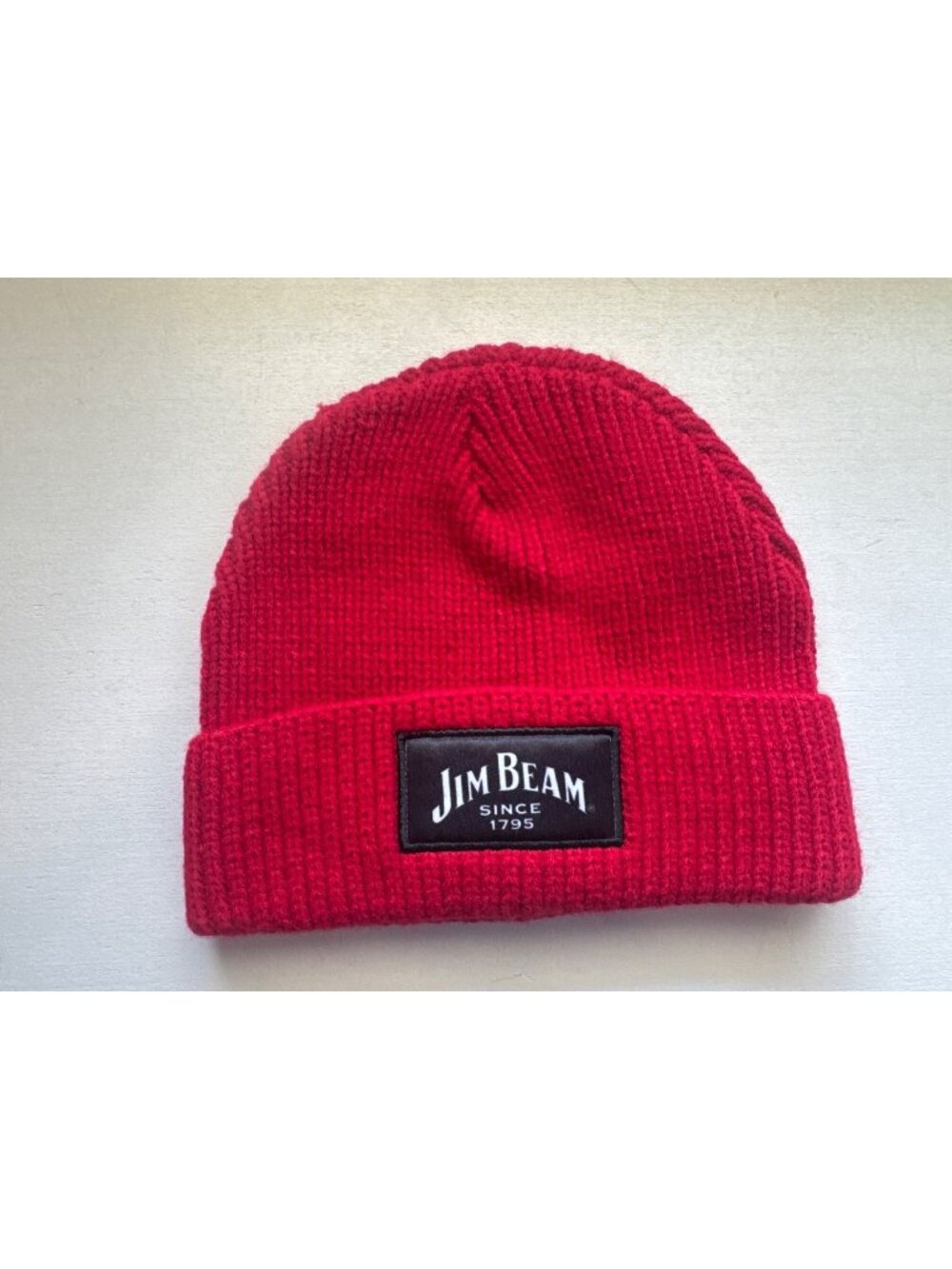 Jim Beam Beanie Ski Hat Red w/Black Knit Logo Spell-Out Novelty Whiskey Bourbon